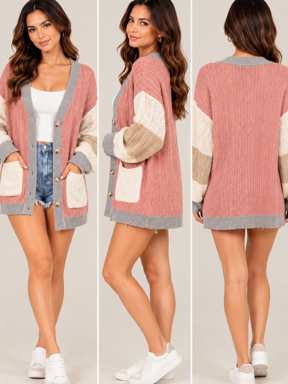 BiBi Pink Colorblock Open-Front Cardigan with Gray Trim